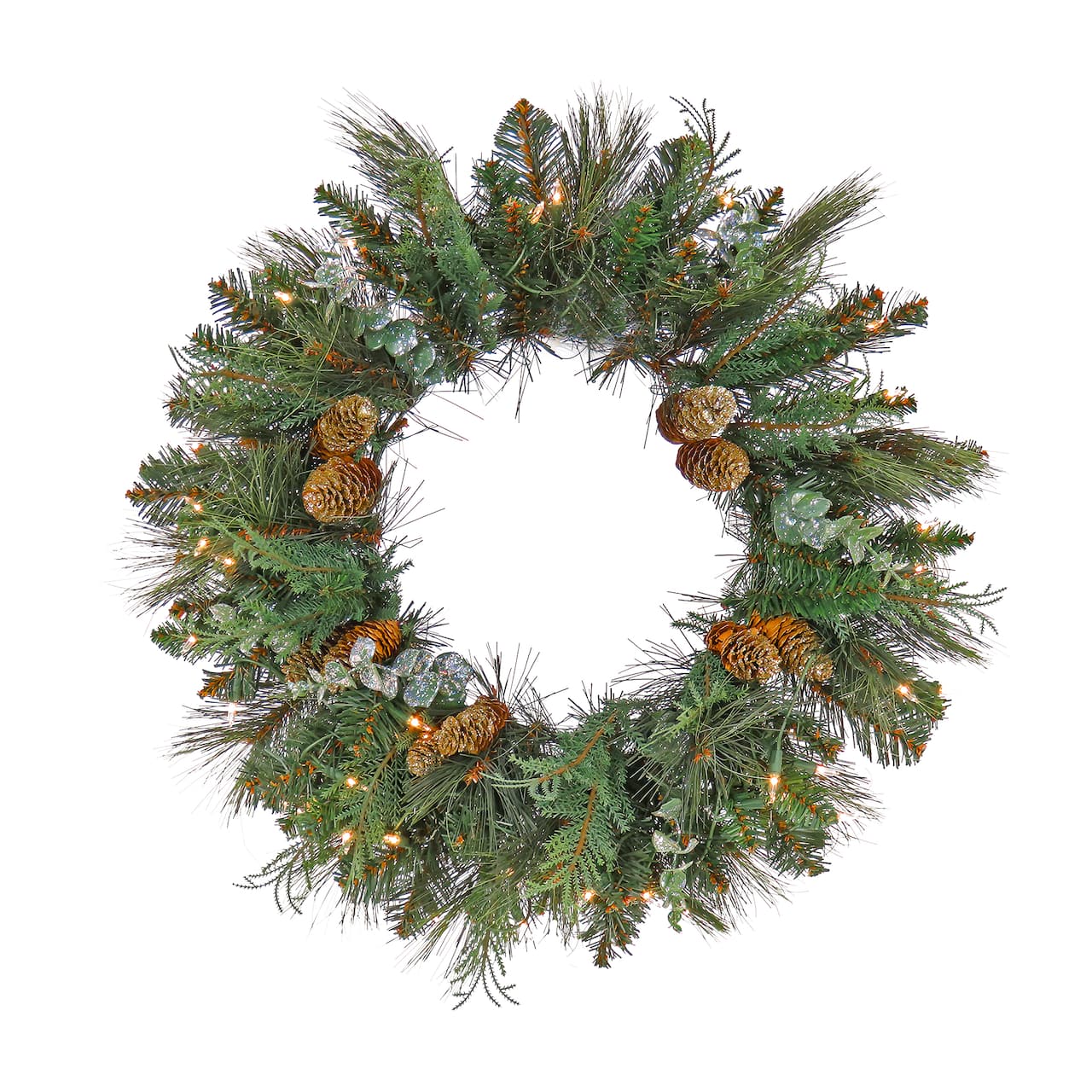 First Traditions™ 24'' Pre-Lit Artificial North Conway Wreath with Glittery Cones and Eucalyptus